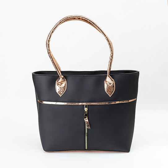 Elegant Black Tote with Metallic Gold Accents