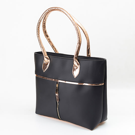 Elegant Black Tote with Metallic Gold Accents