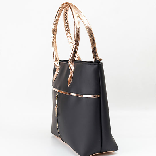 Elegant Black Tote with Metallic Gold Accents